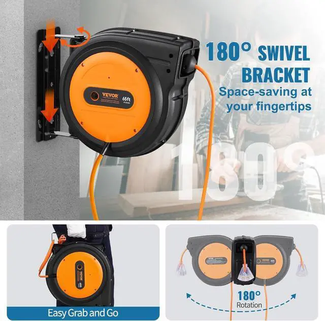 Alt view image 6 of 7 - VEVOR Retractable Extension Cord Reel, 65 FT, Heavy Duty 12AWG/3C SJTOW Power Cord, with Lighted Triple Tap Outlet, 15 Amp Circuit Breaker, 180° Swivel Bracket for Ceiling or Wall Mount