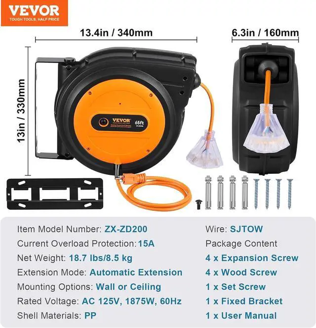 Alt view image 7 of 7 - VEVOR Retractable Extension Cord Reel, 65 FT, Heavy Duty 12AWG/3C SJTOW Power Cord, with Lighted Triple Tap Outlet, 15 Amp Circuit Breaker, 180° Swivel Bracket for Ceiling or Wall Mount