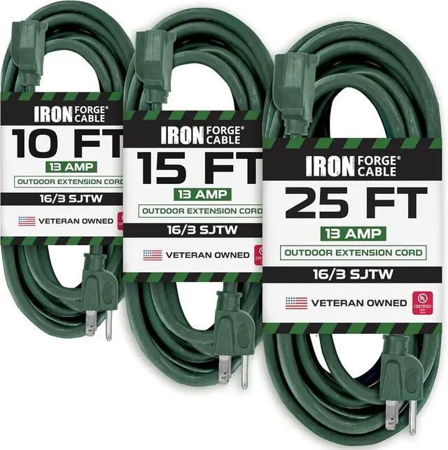 Main image of Iron Forge Cable Weatherproof Outdoor Extension Cord 3 Pack, 10 ft, 15 ft, and 25 ft - 16/3 SJTW 13 Amp Heavy Duty Green Extension Cord 3 Prong