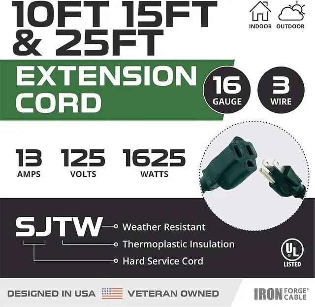 Alt view image 2 of 7 - Iron Forge Cable Weatherproof Outdoor Extension Cord 3 Pack, 10 ft, 15 ft, and 25 ft - 16/3 SJTW 13 Amp Heavy Duty Green Extension Cord 3 Prong