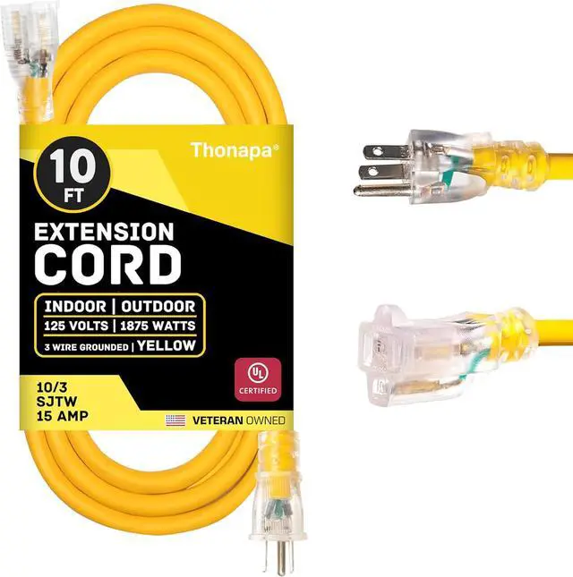Main image of 10 Gauge Extension Cord 10 ft, Weatherproof Heavy Duty Outdoor Extension Cord Ten AWG, SJTW 3 Prong Lighted Plug 10/3 Yellow Cable 15 Amp, Great for Major Appliances & Garden Tools