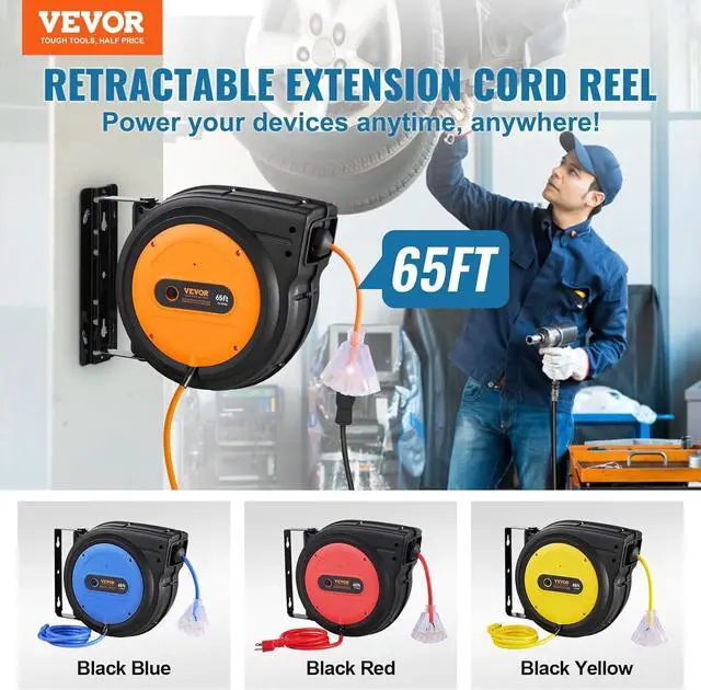 Alt view image 2 of 7 - VEVOR Retractable Extension Cord Reel, 65 FT, Heavy Duty 12AWG/3C SJTOW Power Cord, with Lighted Triple Tap Outlet, 15 Amp Circuit Breaker, 180° Swivel Bracket for Ceiling or Wall Mount