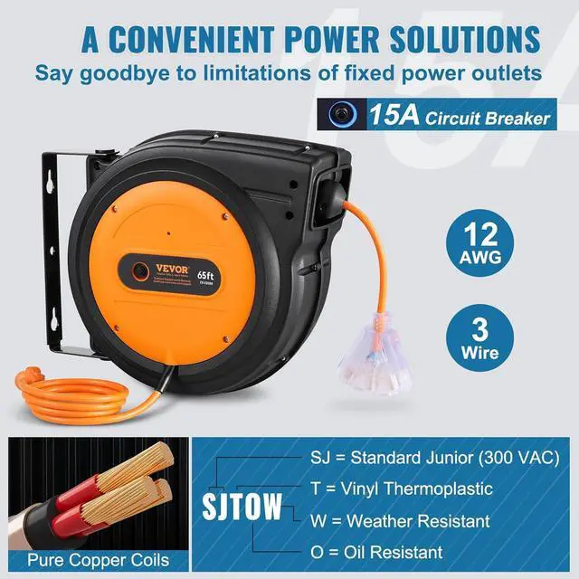 Alt view image 3 of 7 - VEVOR Retractable Extension Cord Reel, 65 FT, Heavy Duty 12AWG/3C SJTOW Power Cord, with Lighted Triple Tap Outlet, 15 Amp Circuit Breaker, 180° Swivel Bracket for Ceiling or Wall Mount
