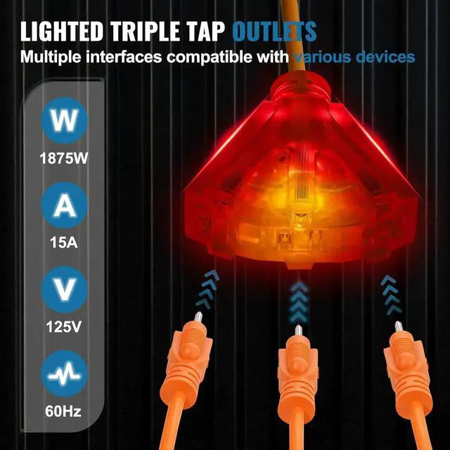 Alt view image 4 of 7 - VEVOR Retractable Extension Cord Reel, 65 FT, Heavy Duty 12AWG/3C SJTOW Power Cord, with Lighted Triple Tap Outlet, 15 Amp Circuit Breaker, 180° Swivel Bracket for Ceiling or Wall Mount