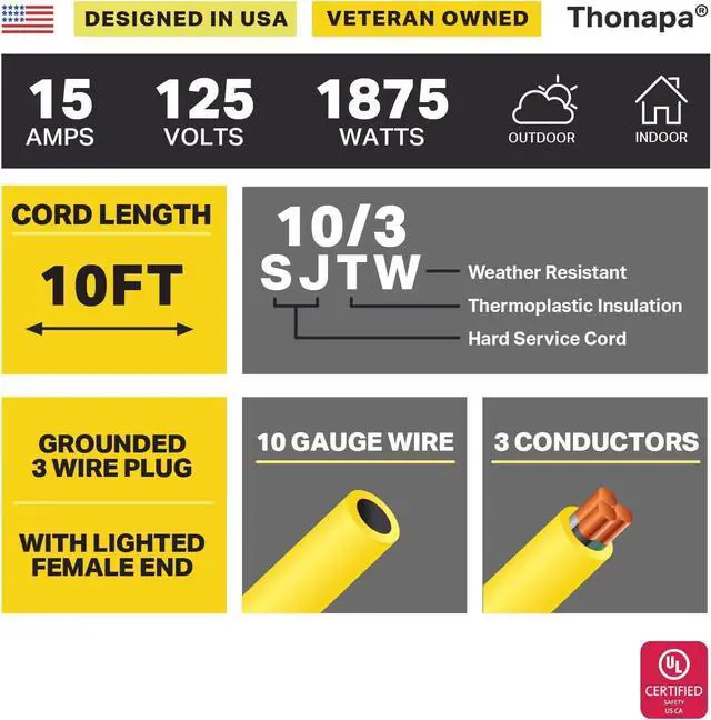 Alt view image 2 of 5 - 10 Gauge Extension Cord 10 ft, Weatherproof Heavy Duty Outdoor Extension Cord Ten AWG, SJTW 3 Prong Lighted Plug 10/3 Yellow Cable 15 Amp, Great for Major Appliances & Garden Tools