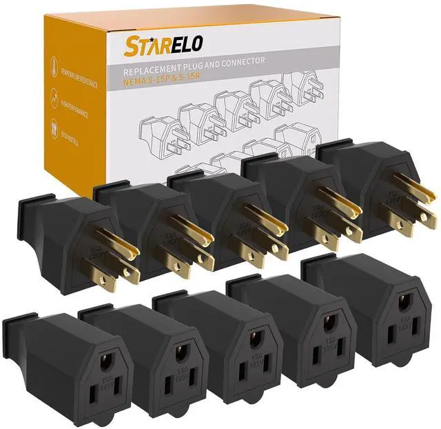Main image of STARELO Extension Cord Ends 125V 15A 2Pole 3Wire Male Plug and Female Connector Straight Blade Plug Replacement Electrical Extension Cord End(Male & Female 5 Set)