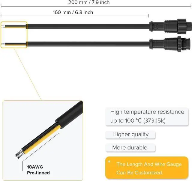Alt view image 5 of 7 - BTF-LIGHTING 3 Pin Electrical Metal nut Connector 18AWG IP67 Male Female Connector 7.87in/20cm Extension Cable for Car,Truck,Boat,Indoor/Outdoor LED Strip Lights/String 22mm Metal Nut Big Size