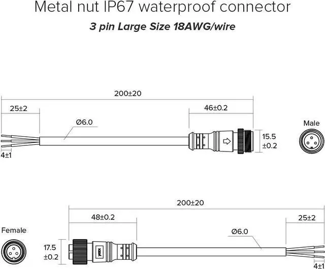 Alt view image 6 of 7 - BTF-LIGHTING 3 Pin Electrical Metal nut Connector 18AWG IP67 Male Female Connector 7.87in/20cm Extension Cable for Car,Truck,Boat,Indoor/Outdoor LED Strip Lights/String 22mm Metal Nut Big Size
