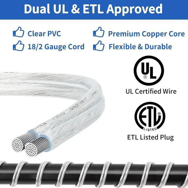 Alt view image 3 of 7 - Clear Extension Cord 6 Feet, UL-Certified Power Extension Cord, 2 Prong Extension Cords Male to Female, 2x18 AWG Extension Cable 125V 7A, Indoor Extension Cord for Light (1 Pack)