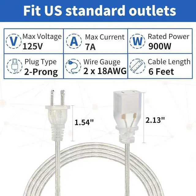 Alt view image 4 of 7 - Clear Extension Cord 6 Feet, UL-Certified Power Extension Cord, 2 Prong Extension Cords Male to Female, 2x18 AWG Extension Cable 125V 7A, Indoor Extension Cord for Light (1 Pack)