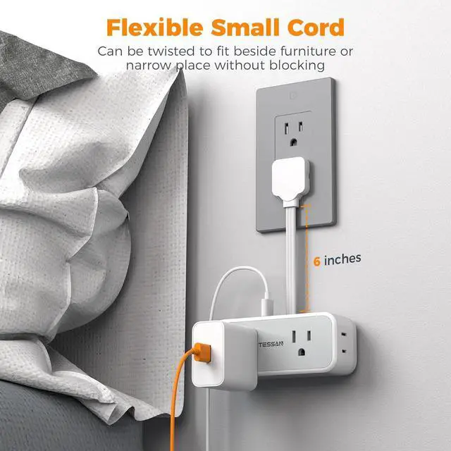 Alt view image 2 of 6 - TESSAN Multi Plug Wall Outlet Extender, 6 inch Short Extension Cord, Flat Plug Splitter with 4 AC 3 USB (1 USB C) Charging Ports, Multiple Outlet Small Power Strip for Home Office Dorm Room
