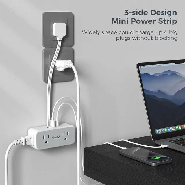 Alt view image 4 of 6 - TESSAN Multi Plug Wall Outlet Extender, 6 inch Short Extension Cord, Flat Plug Splitter with 4 AC 3 USB (1 USB C) Charging Ports, Multiple Outlet Small Power Strip for Home Office Dorm Room