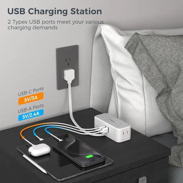 Alt view image 5 of 6 - TESSAN Multi Plug Wall Outlet Extender, 6 inch Short Extension Cord, Flat Plug Splitter with 4 AC 3 USB (1 USB C) Charging Ports, Multiple Outlet Small Power Strip for Home Office Dorm Room