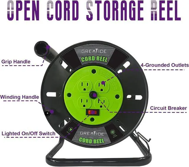 Alt view image 2 of 7 - Heavy Duty Extension Cord Storage Reel with 4Grounded Outlets, 10A Circuit Breaker, Retractable Hand Wind, Portable Empty Hand Crank Open Cord Reel for 12/3 14/3 16/3 Gauge Power Cord, Green