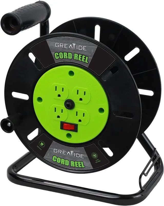 Main image of Heavy Duty Extension Cord Storage Reel with 4Grounded Outlets, 10A Circuit Breaker, Retractable Hand Wind, Portable Empty Hand Crank Open Cord Reel for 12/3 14/3 16/3 Gauge Power Cord, Green