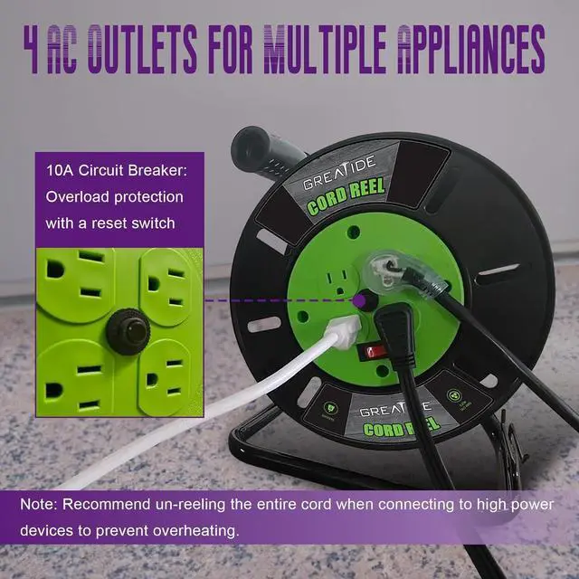 Alt view image 3 of 7 - Heavy Duty Extension Cord Storage Reel with 4Grounded Outlets, 10A Circuit Breaker, Retractable Hand Wind, Portable Empty Hand Crank Open Cord Reel for 12/3 14/3 16/3 Gauge Power Cord, Green
