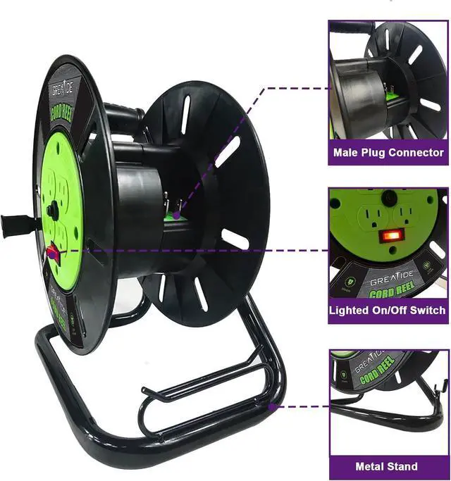Alt view image 4 of 7 - Heavy Duty Extension Cord Storage Reel with 4Grounded Outlets, 10A Circuit Breaker, Retractable Hand Wind, Portable Empty Hand Crank Open Cord Reel for 12/3 14/3 16/3 Gauge Power Cord, Green
