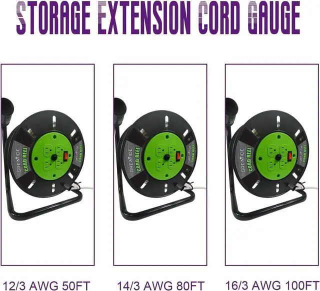 Alt view image 6 of 7 - Heavy Duty Extension Cord Storage Reel with 4Grounded Outlets, 10A Circuit Breaker, Retractable Hand Wind, Portable Empty Hand Crank Open Cord Reel for 12/3 14/3 16/3 Gauge Power Cord, Green