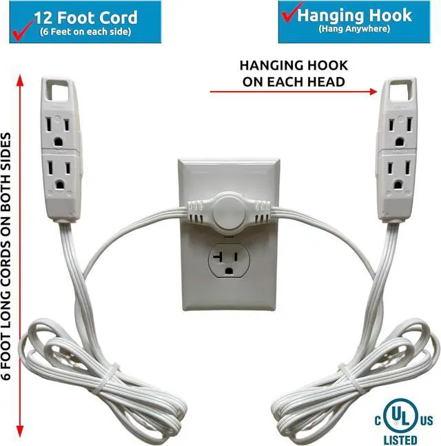 Alt view image 2 of 6 - W4W Twin Extension Cord Power Strip - 3 Prong - 12 Foot Cord - 6 feet on Each Side - Flat Head (Wall Hugger) Outlet Plug - 6 Polarized Outlets