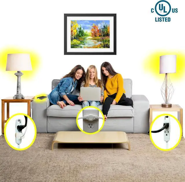 Alt view image 4 of 6 - W4W Twin Extension Cord Power Strip - 3 Prong - 12 Foot Cord - 6 feet on Each Side - Flat Head (Wall Hugger) Outlet Plug - 6 Polarized Outlets