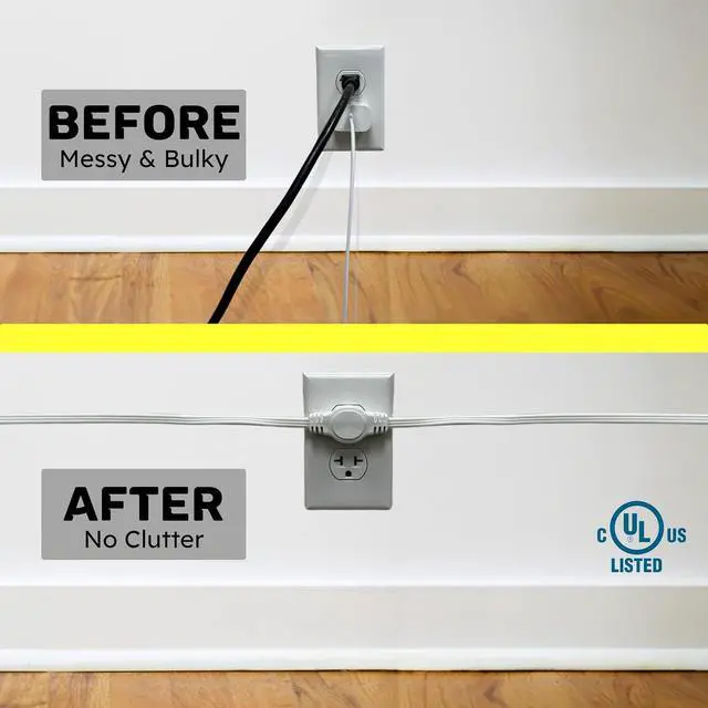 Alt view image 5 of 6 - W4W Twin Extension Cord Power Strip - 3 Prong - 12 Foot Cord - 6 feet on Each Side - Flat Head (Wall Hugger) Outlet Plug - 6 Polarized Outlets