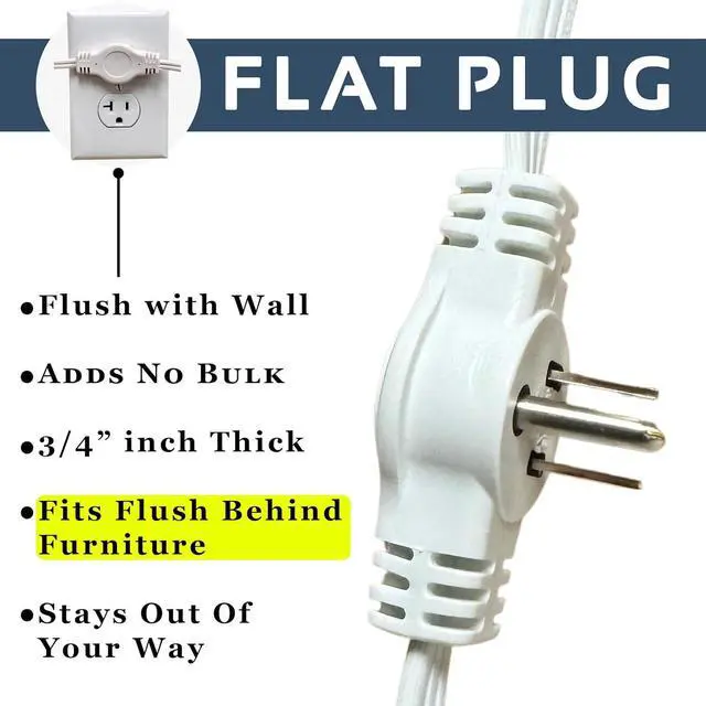 Alt view image 6 of 6 - W4W Twin Extension Cord Power Strip - 3 Prong - 12 Foot Cord - 6 feet on Each Side - Flat Head (Wall Hugger) Outlet Plug - 6 Polarized Outlets