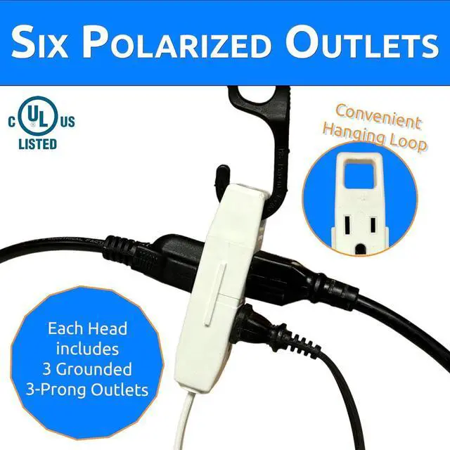Alt view image 3 of 6 - W4W Twin Extension Cord Power Strip - 3 Prong - 12 Foot Cord - 6 feet on Each Side - Flat Head (Wall Hugger) Outlet Plug - 6 Polarized Outlets