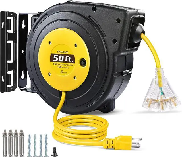 Main image of SURAIELEC 50 FT Extension Cord Reel, 14 Gauge Retractable Extension Cord, SJTOW 14 AWG/3C Heavy Duty Power Cord, 13 AMP Circuit Breaker, Lighted Triple Tap, Ceiling or Wall Mount, UL Listed