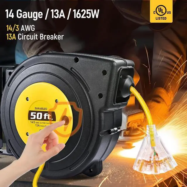 Alt view image 2 of 7 - SURAIELEC 50 FT Extension Cord Reel, 14 Gauge Retractable Extension Cord, SJTOW 14 AWG/3C Heavy Duty Power Cord, 13 AMP Circuit Breaker, Lighted Triple Tap, Ceiling or Wall Mount, UL Listed