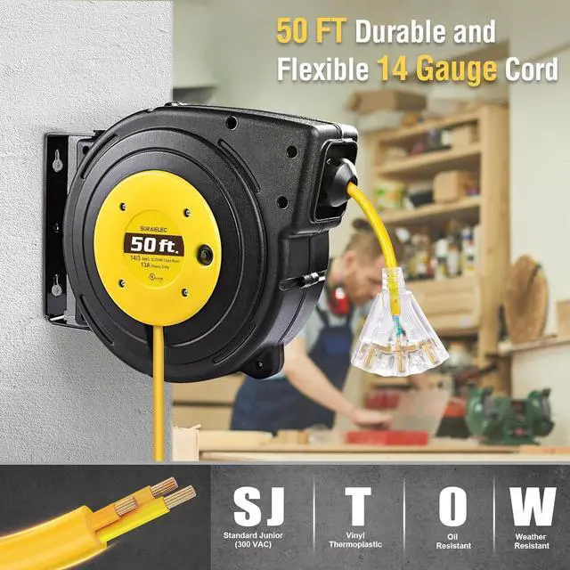 Alt view image 3 of 7 - SURAIELEC 50 FT Extension Cord Reel, 14 Gauge Retractable Extension Cord, SJTOW 14 AWG/3C Heavy Duty Power Cord, 13 AMP Circuit Breaker, Lighted Triple Tap, Ceiling or Wall Mount, UL Listed