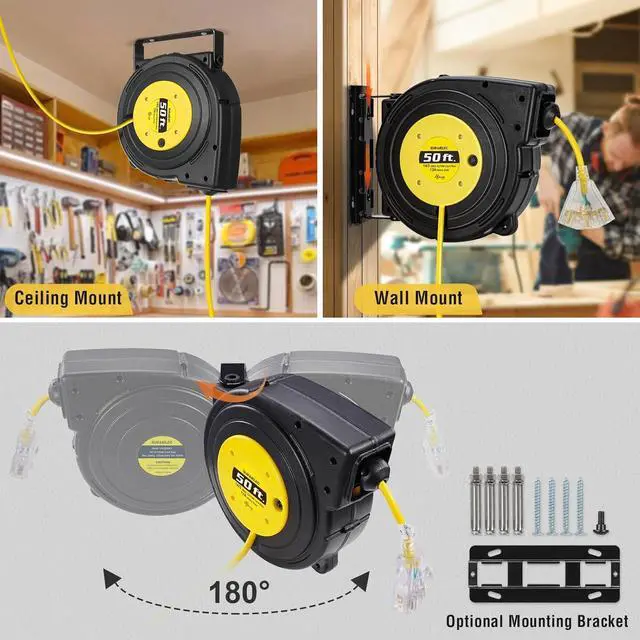 Alt view image 4 of 7 - SURAIELEC 50 FT Extension Cord Reel, 14 Gauge Retractable Extension Cord, SJTOW 14 AWG/3C Heavy Duty Power Cord, 13 AMP Circuit Breaker, Lighted Triple Tap, Ceiling or Wall Mount, UL Listed