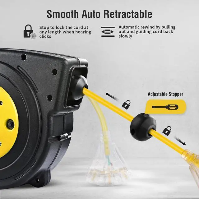 Alt view image 5 of 7 - SURAIELEC 50 FT Extension Cord Reel, 14 Gauge Retractable Extension Cord, SJTOW 14 AWG/3C Heavy Duty Power Cord, 13 AMP Circuit Breaker, Lighted Triple Tap, Ceiling or Wall Mount, UL Listed