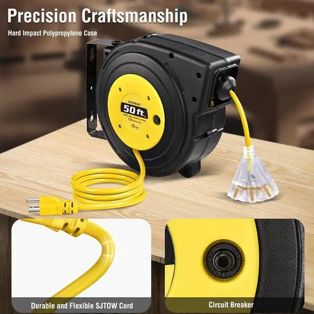 Alt view image 7 of 7 - SURAIELEC 50 FT Extension Cord Reel, 14 Gauge Retractable Extension Cord, SJTOW 14 AWG/3C Heavy Duty Power Cord, 13 AMP Circuit Breaker, Lighted Triple Tap, Ceiling or Wall Mount, UL Listed