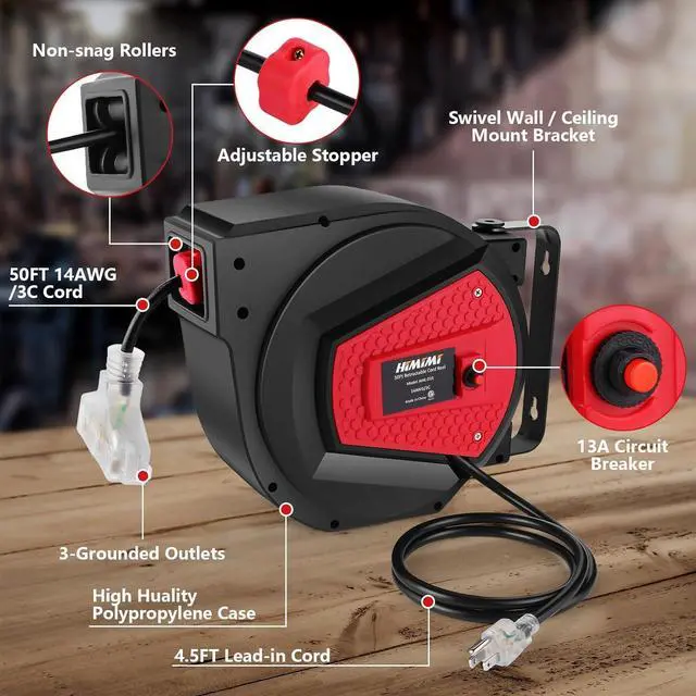 Alt view image 2 of 7 - Himimi Retractable Extension Cord Reel, 50FT 14AWG/3C Power Cord Reel for Garage Workshop, Wall/Ceiling Mounted Extension Cord Reel, 3-Lighted Triple Outlets, UL Listed, 13A Circuit Breaker