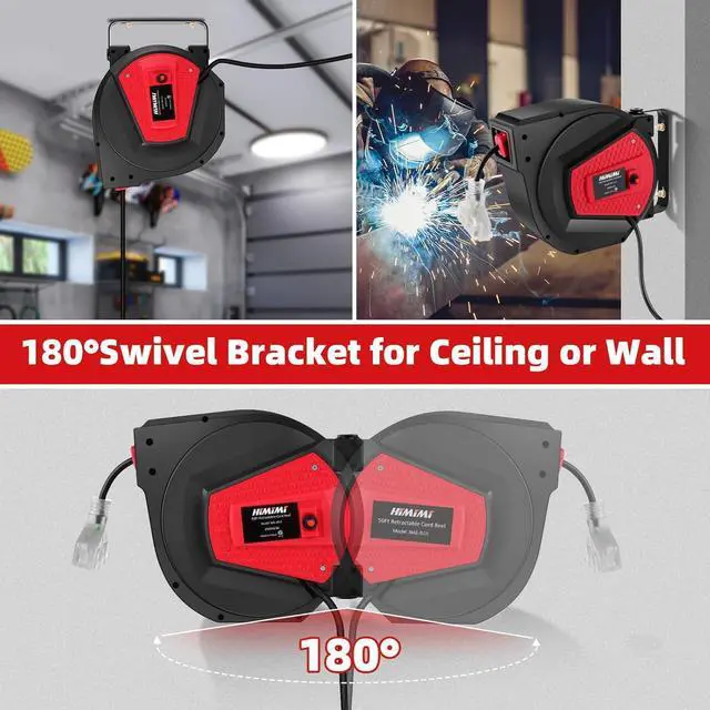 Alt view image 5 of 7 - Himimi Retractable Extension Cord Reel, 50FT 14AWG/3C Power Cord Reel for Garage Workshop, Wall/Ceiling Mounted Extension Cord Reel, 3-Lighted Triple Outlets, UL Listed, 13A Circuit Breaker