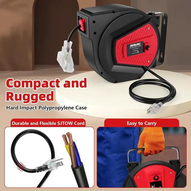 Alt view image 6 of 7 - Himimi Retractable Extension Cord Reel, 50FT 14AWG/3C Power Cord Reel for Garage Workshop, Wall/Ceiling Mounted Extension Cord Reel, 3-Lighted Triple Outlets, UL Listed, 13A Circuit Breaker