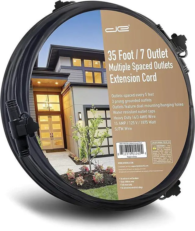 Main image of 35 FT Evenly Spaced Multiple Outlet 14/3 Extension Cord, Outdoor/Indoor - 7 Outlets Every 5 Feet, Christmas Lighting, Holiday Decorations, Uplighting, Stage Backlines
