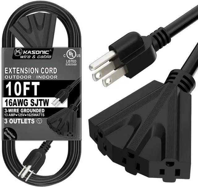 Main image of K KASONIC - 10 Ft Extension Cord with 3 Outlets, UL Listed 16/3 SJTW 3-Wire Grounded, 13A 125V 1625W for Indoor/Outdoor Use - Black