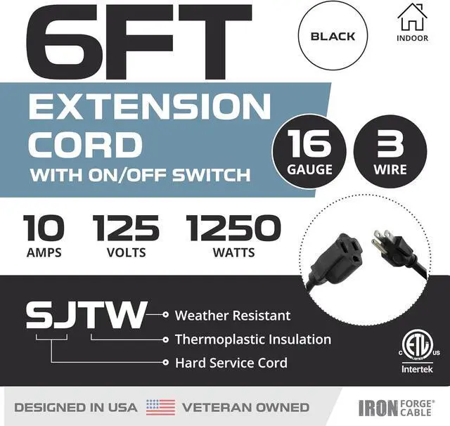 Alt view image 2 of 5 - Iron Forge Cable 6 Ft Black Extension Cord with Inline Switch On/Off, 16/3 SJTW 3 Prong with in Line Switch On Off Power -10 AMP Cord - ETL Listed