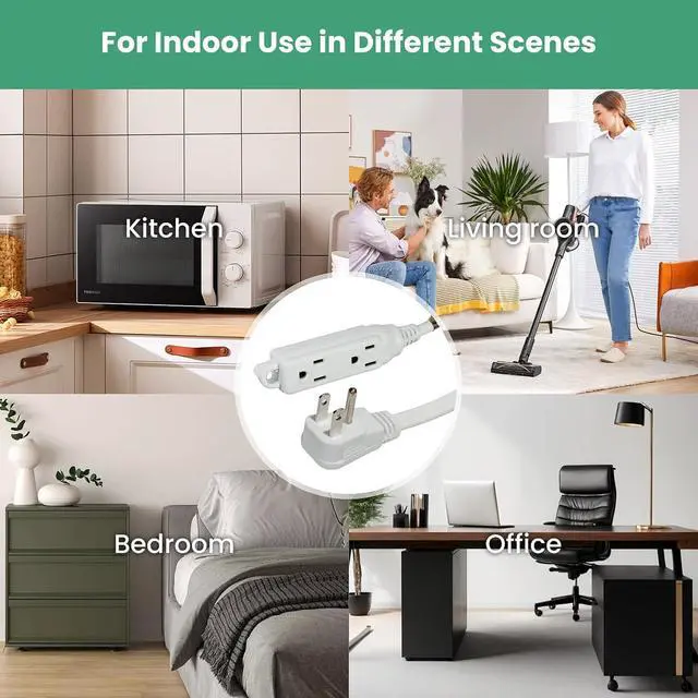 Alt view image 5 of 6 - YOJOE 3-Outlets Indoor Extension Cord Outlet Extender, 3 Prong Grounded 15A Power Strip, 14 Gauge Heavy Duty 6 ft White Flat Plug Extension Cord, 14/3 SPT-3 UL Listed