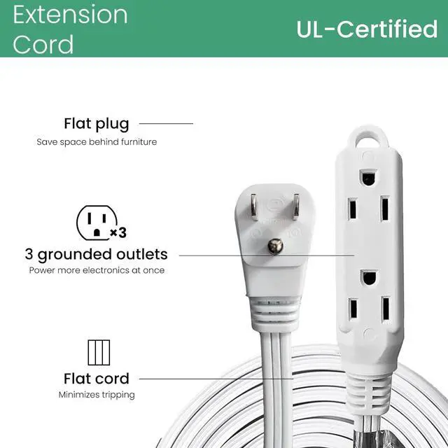 Alt view image 6 of 6 - YOJOE 3-Outlets Indoor Extension Cord Outlet Extender, 3 Prong Grounded 15A Power Strip, 14 Gauge Heavy Duty 6 ft White Flat Plug Extension Cord, 14/3 SPT-3 UL Listed