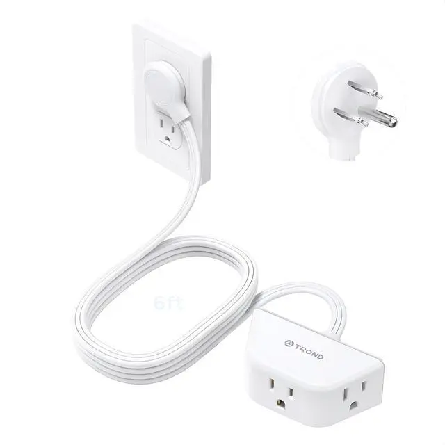 Main image of TROND Rightward Flat Extension Cord 6 Feet - Flat Plug Power Strip 3 Prong, 3 Plug Extension Outlets, Thin Power Cord Extension for Indoor Home Office School Travel Cruise Ship Essentials, White