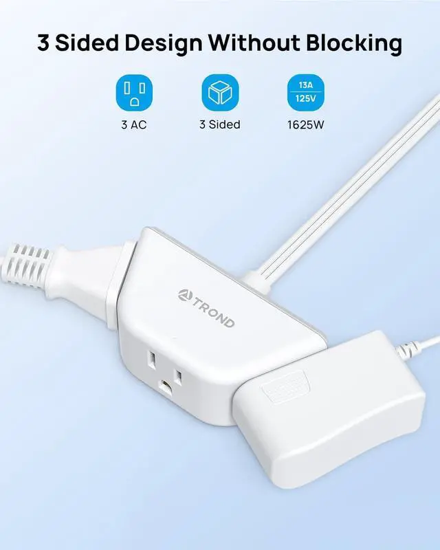 Alt view image 3 of 6 - TROND Rightward Flat Extension Cord 6 Feet - Flat Plug Power Strip 3 Prong, 3 Plug Extension Outlets, Thin Power Cord Extension for Indoor Home Office School Travel Cruise Ship Essentials, White