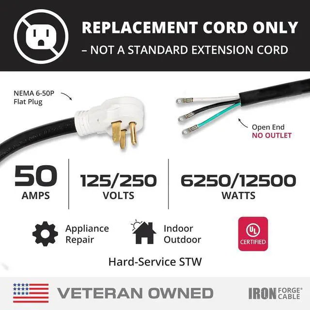 Alt view image 2 of 6 - Iron Forge Cable NEMA 6-50 Extension Cord with Open End - 4ft 50 Amp EV Power Cord with Eyelet, 6/3 Gauge Replacement Cable - NEMA 6-50 Plug STW