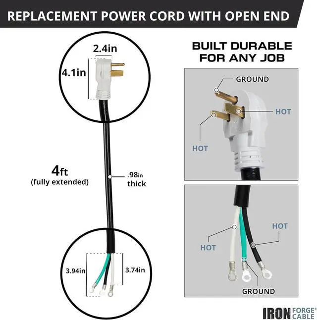 Alt view image 5 of 6 - Iron Forge Cable NEMA 6-50 Extension Cord with Open End - 4ft 50 Amp EV Power Cord with Eyelet, 6/3 Gauge Replacement Cable - NEMA 6-50 Plug STW
