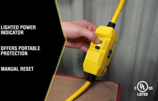 Alt view image 3 of 7 - Yellow Jacket Heavy Duty Extension Cord with In-Line GFCI, 2Ft, 12 Gauge, 3 Conductor, 15 AMP, Lighted End, 1 Outlet, SJTW, Yellow, 2817