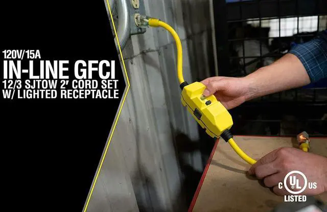 Alt view image 2 of 7 - Yellow Jacket Heavy Duty Extension Cord with In-Line GFCI, 2Ft, 12 Gauge, 3 Conductor, 15 AMP, Lighted End, 1 Outlet, SJTW, Yellow, 2817