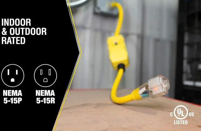 Alt view image 5 of 7 - Yellow Jacket Heavy Duty Extension Cord with In-Line GFCI, 2Ft, 12 Gauge, 3 Conductor, 15 AMP, Lighted End, 1 Outlet, SJTW, Yellow, 2817