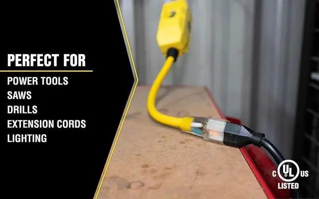 Alt view image 4 of 7 - Yellow Jacket Heavy Duty Extension Cord with In-Line GFCI, 2Ft, 12 Gauge, 3 Conductor, 15 AMP, Lighted End, 1 Outlet, SJTW, Yellow, 2817