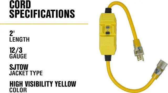 Alt view image 7 of 7 - Yellow Jacket Heavy Duty Extension Cord with In-Line GFCI, 2Ft, 12 Gauge, 3 Conductor, 15 AMP, Lighted End, 1 Outlet, SJTW, Yellow, 2817